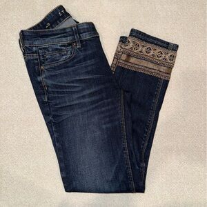 White House Black Market Straight Crop Dark Wash Jeans with Embroidered Hem